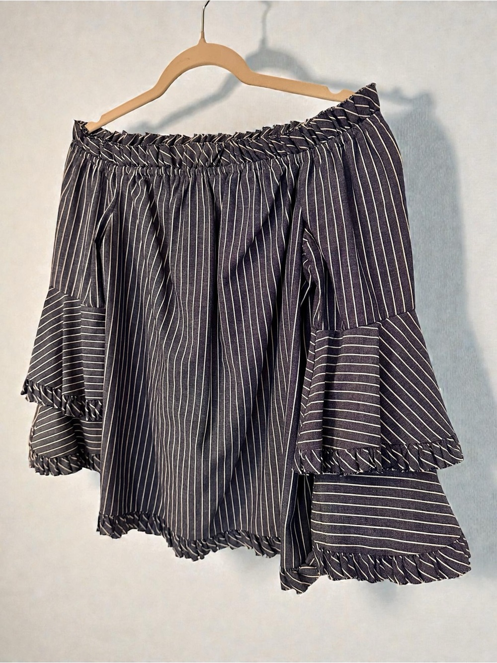 ECI Blue and White Striped Ruffle Blouse